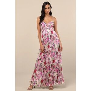 Lulus Samika Dress Womens Small Pink Multi Floral Satin Pleated Evening Maxi